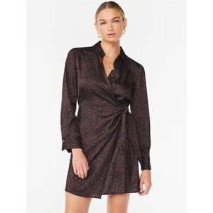 Animal Print Wrap Tie Mini Dress with Point Collar XXL NWT Brown & Black